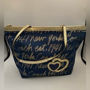 Coach Navy Blue and Metallic Script Fabric Tote with Gold Leather Trim